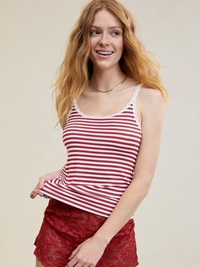 Aerie Real Soft Lace-Trim Tank Top Red and White Striped